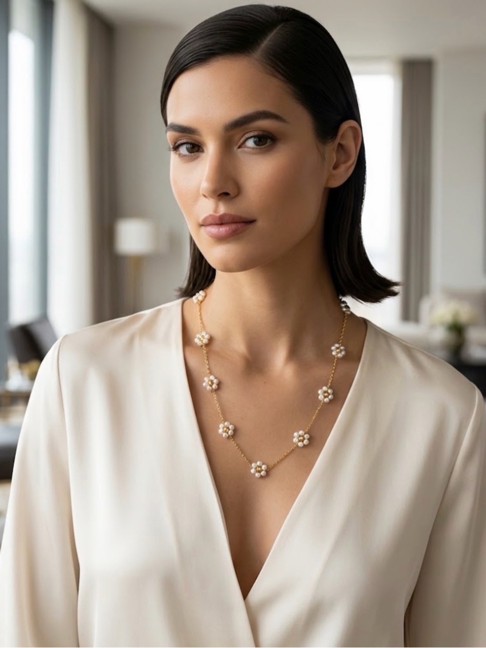 Gold Pearl Floral Station Necklace - Elegant Women Jewelry